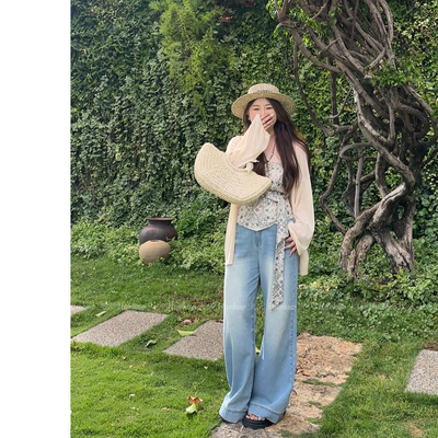 6737#浅色阔腿牛仔裤女夏季薄款复古水洗垂坠高级感拖地直筒裤