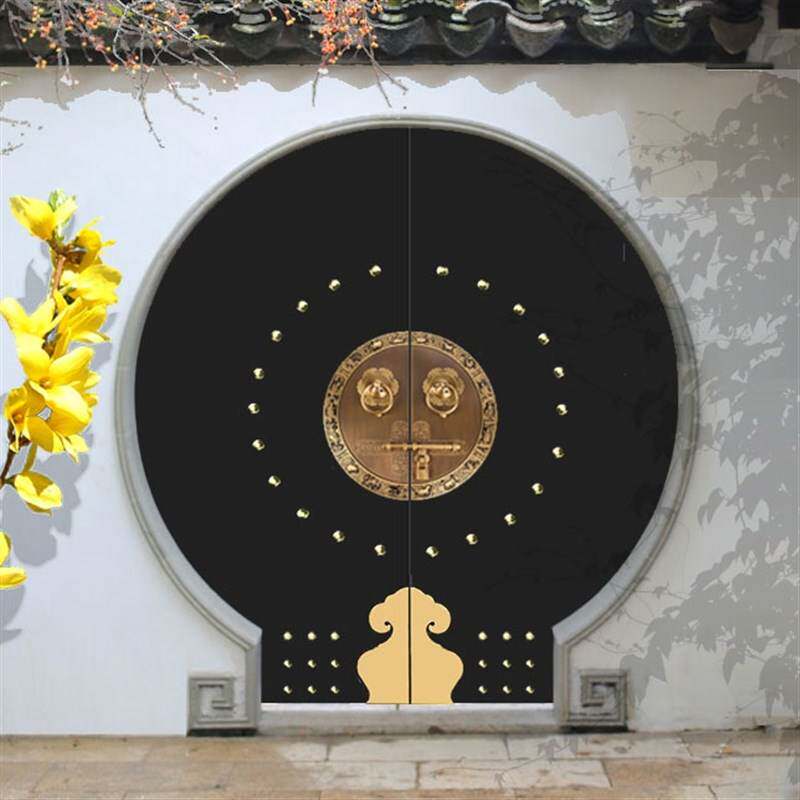 别墅大门中式月亮门圆形门户外庭院门圆门洞苏式徽派门铜拉手