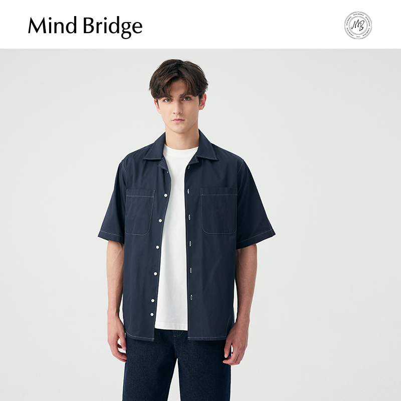 MB MindBridge男士翻领短袖纯色衬衫夏季休闲上衣简约设计感衬衣