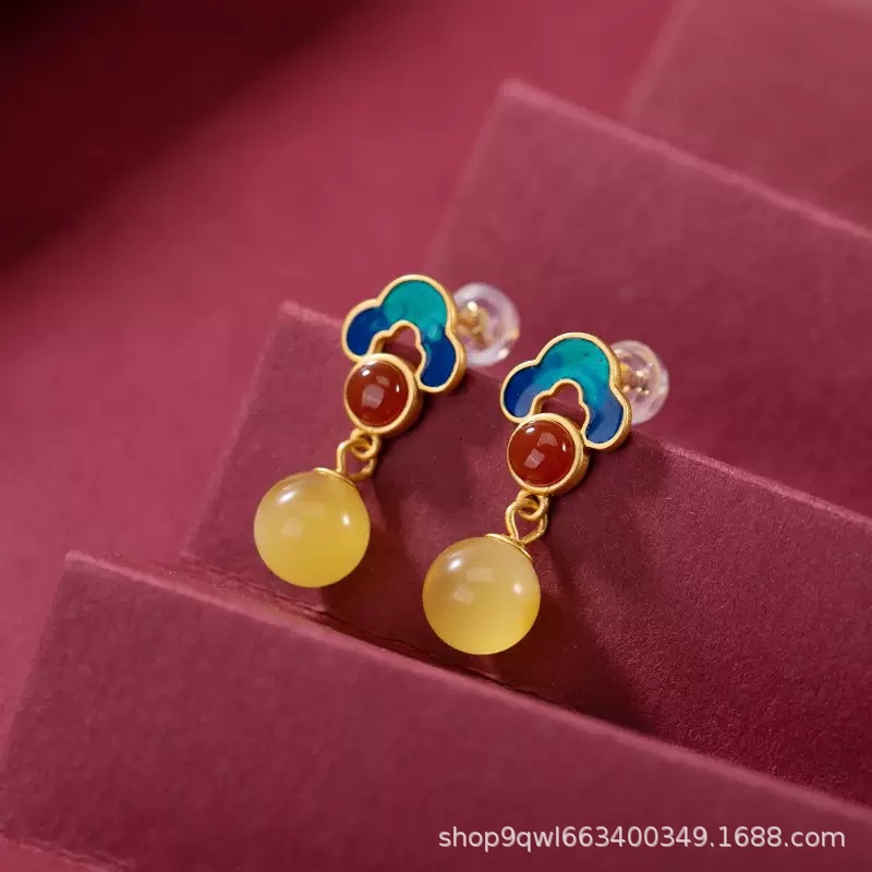 中国风纯银古法金天然蜜蜡琥珀宫廷复古感耳环女耳钉耳坠耳饰