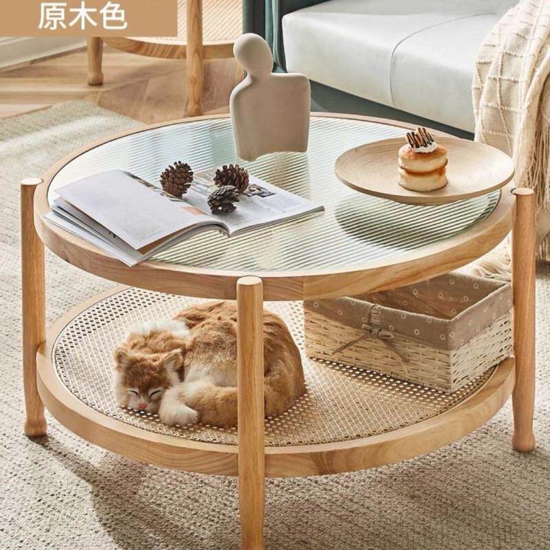 北欧圆形桌实木小户型组合家用玻璃茶几客厅日式简约藤编小圆桌子