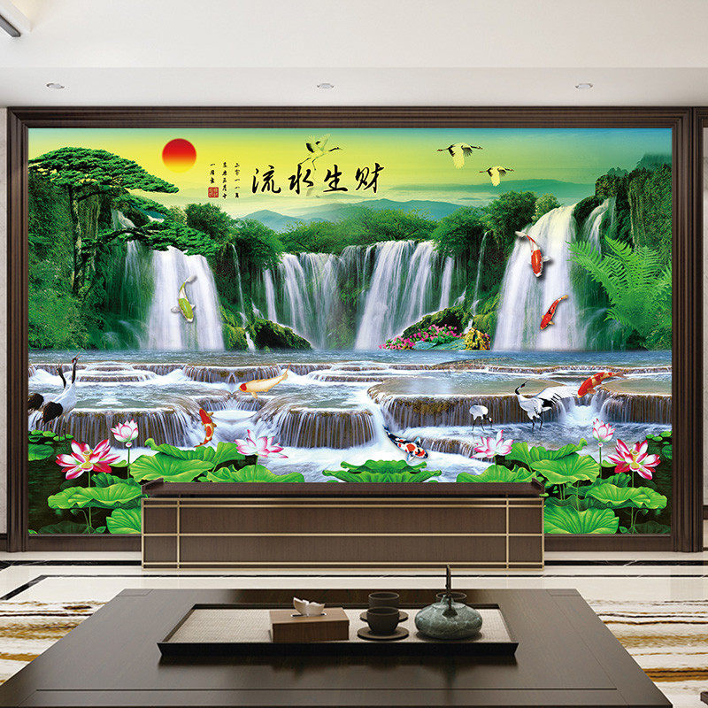 流水生财自粘山水风景客厅墙贴画电视背景墙贴纸年画墙面装饰墙纸