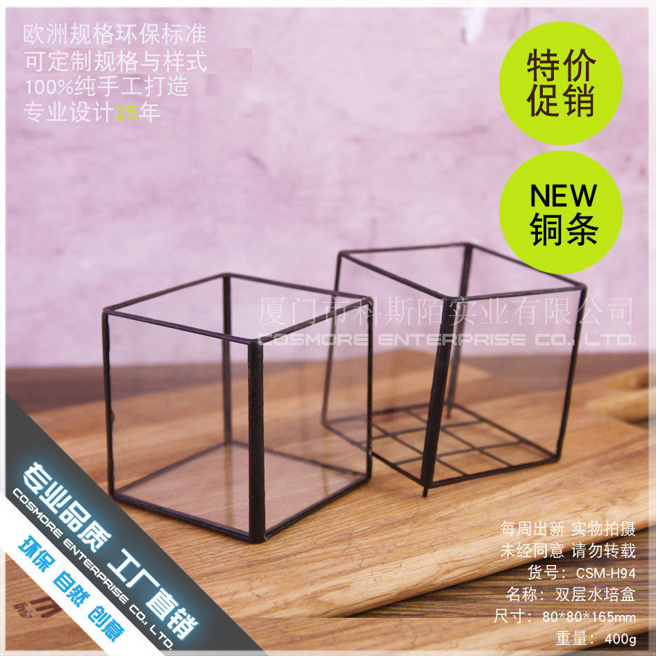 现代简约透明玻璃花瓶盒水培双层客厅摆件绿萝空气凤梨花瓶玻璃瓶