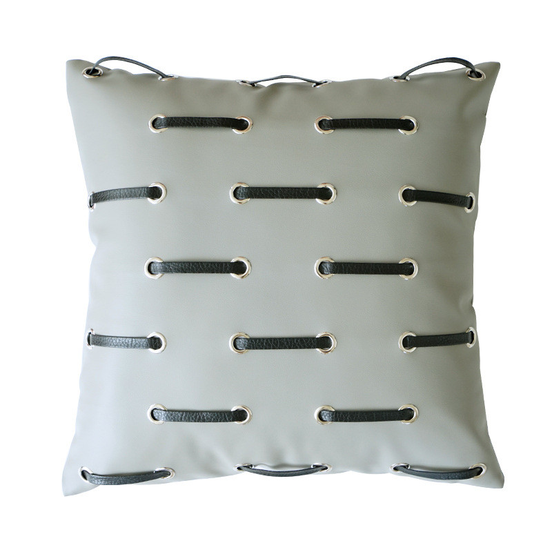 现代轻奢pu穿抱枕套打孔皮革绳沙发抱枕撞色高工靠枕样板房靠垫