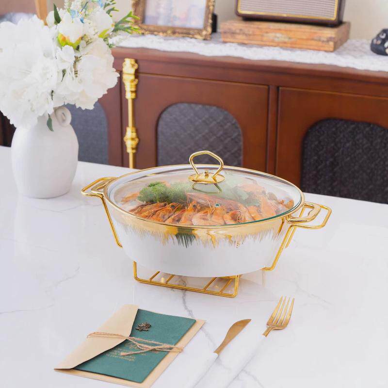 casserole圆形陶瓷锅烤盘蜡烛加热酒店圆形汤锅金色架子蜡烛烤盘