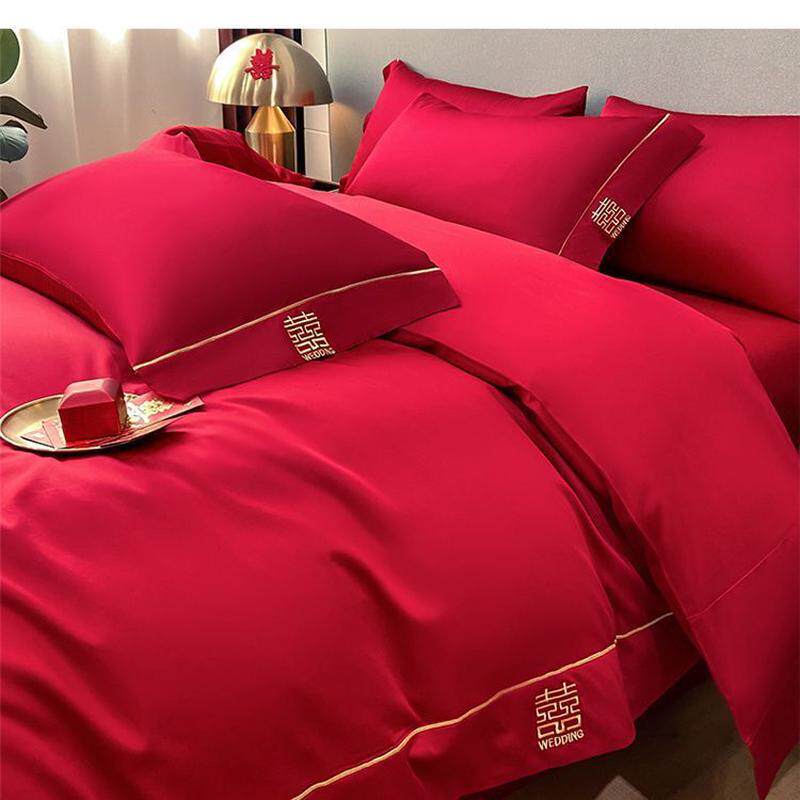 新婚喜婚礼床上用品婚房嫁四件套婚床新婚大红色结婚陪嫁被套床单