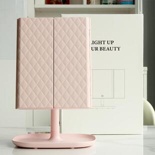 化妆镜带灯三面镜触摸屏可充电旋转台式桌面贝壳镜双开门镜子送礼
