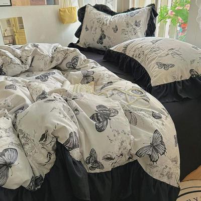 法式ins赫本蝴蝶白色花边床裙四件套水洗棉床单被套三件套床笠1.8