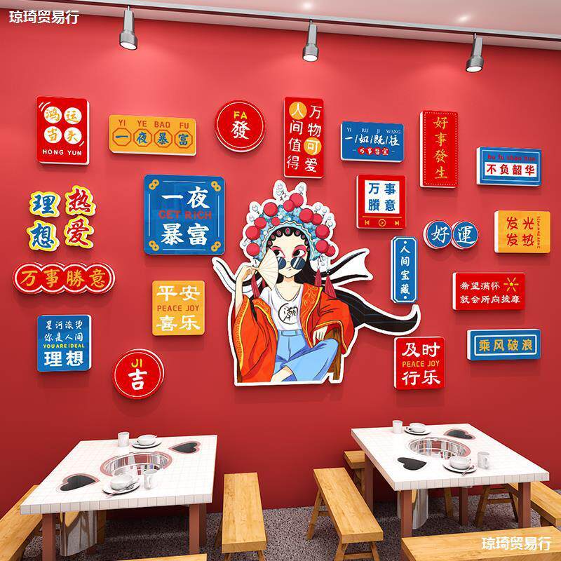 打卡布置国潮风拍照区贴画饭店烧烤餐饮火锅背景墙面装饰,家居饰品,软装墙贴,淘宝优惠券,粉丝福利购,淘宝优惠卷