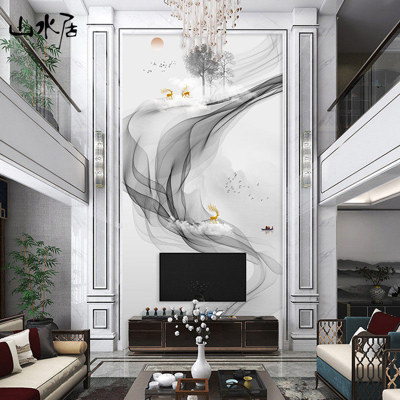 新款高挑别墅复式楼电视背景墙壁纸客厅玄关壁画大气抽象墙布壁布