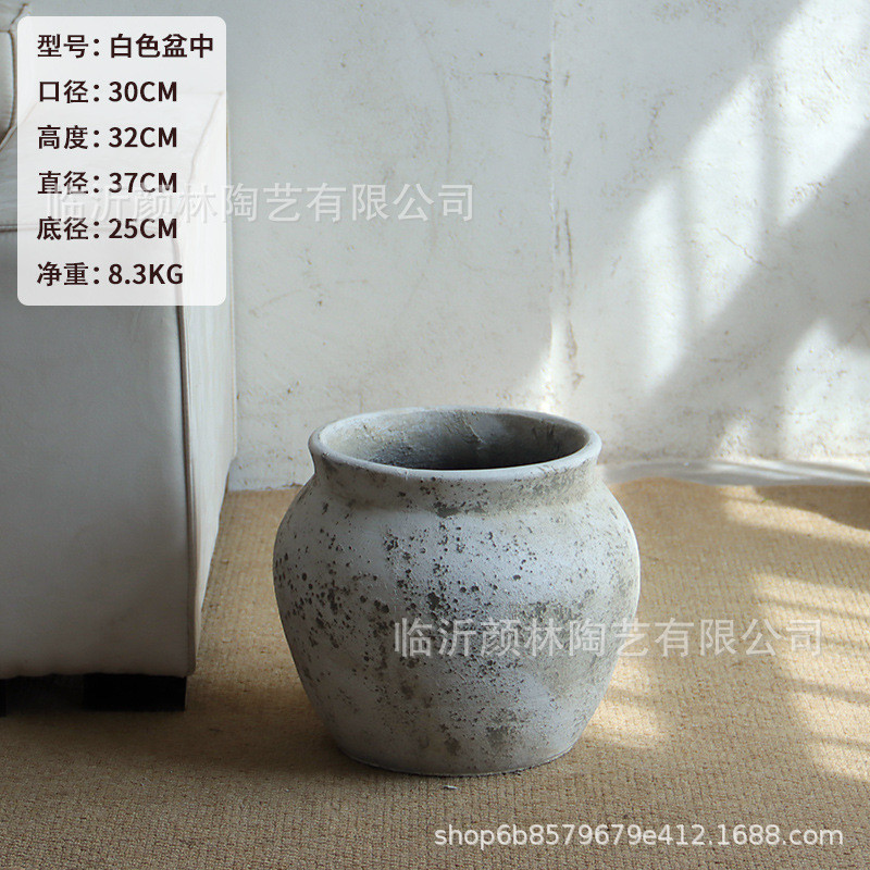 复古室内大肚花盆龙舌兰蓝楹花白水泥客厅绿植盆酒店商场大型绿植