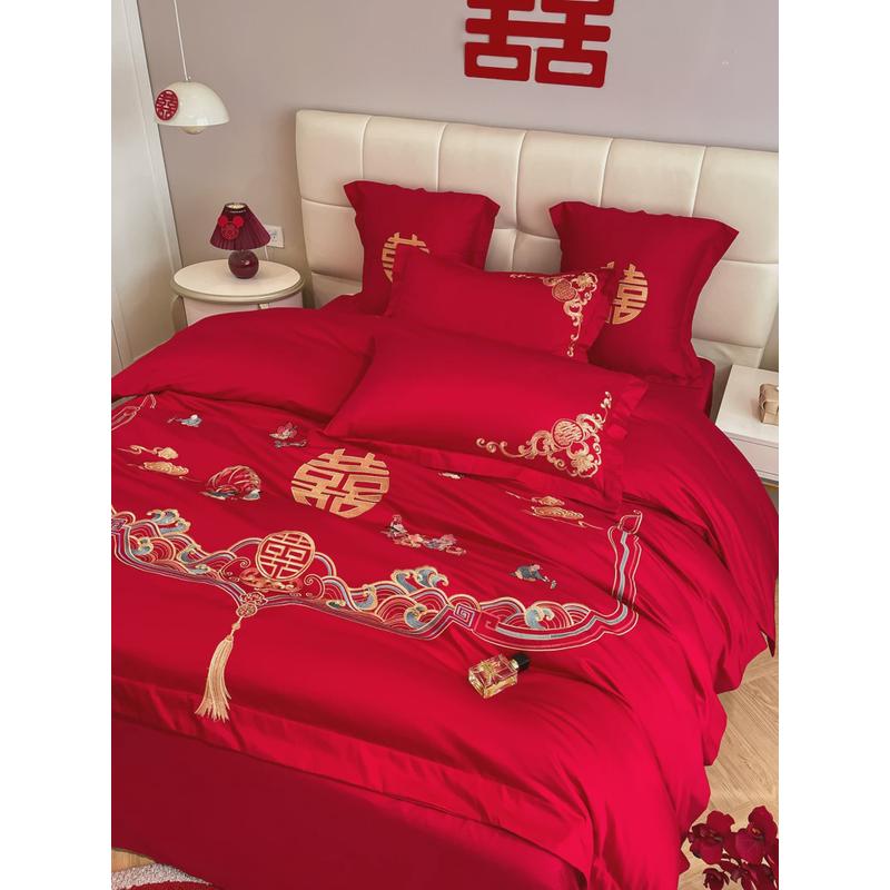 热销2U8K中式纯棉结婚四件套红色百子图刺绣被套婚庆床上用品