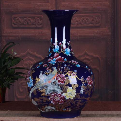 落地大花瓶批发蓝色金鸡牡丹陶瓷花瓶摆件家居客厅装饰工艺品
