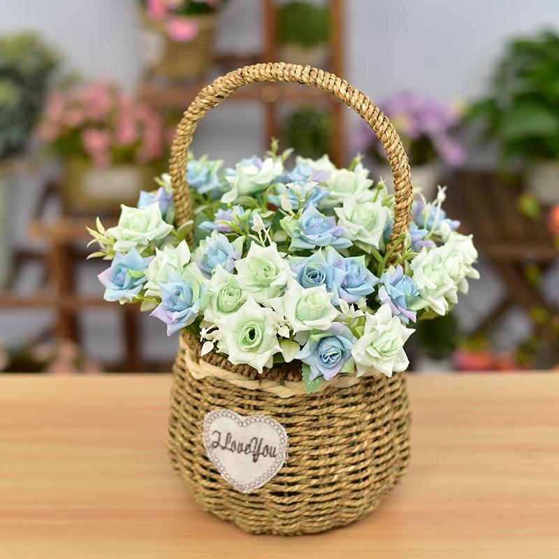 手工草编花篮手提编织篮田园风客厅装饰摆件插花篮假花仿真花套装