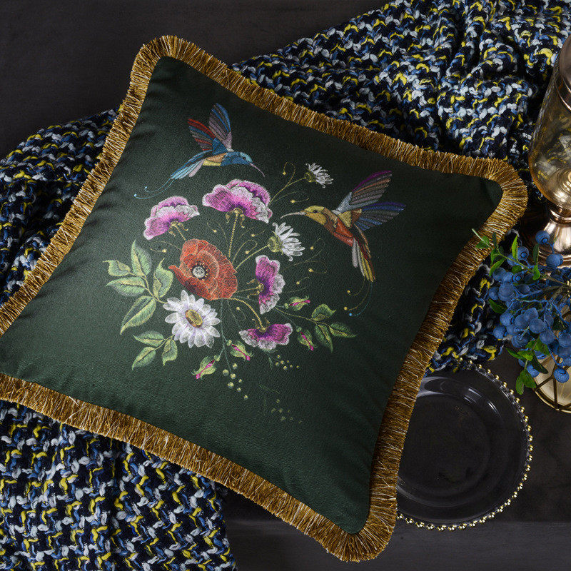 美式轻奢印花沙发抱枕复古云雕绒流苏护腰垫样板房客厅方靠垫枕