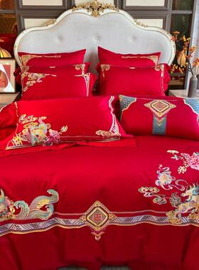 全棉结婚四件套婚床上用品大红色新婚婚庆床品六件套刺绣婚嫁喜被
