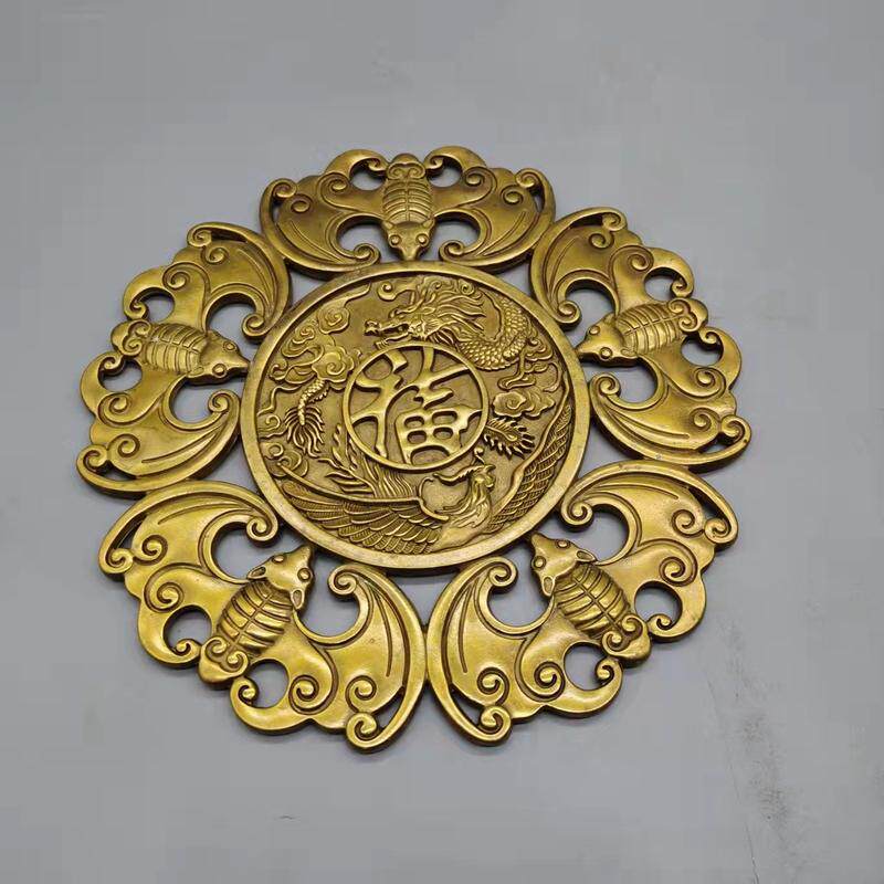 仿古铜五福福字家居摆件五福铜器收藏龙黄铜凤古玩牌挂工艺品