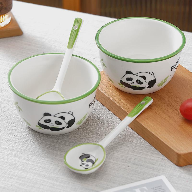 8dwl两碗两勺熊猫陶瓷米饭碗餐具勺碗新款组合耐高温家用饭碗小清