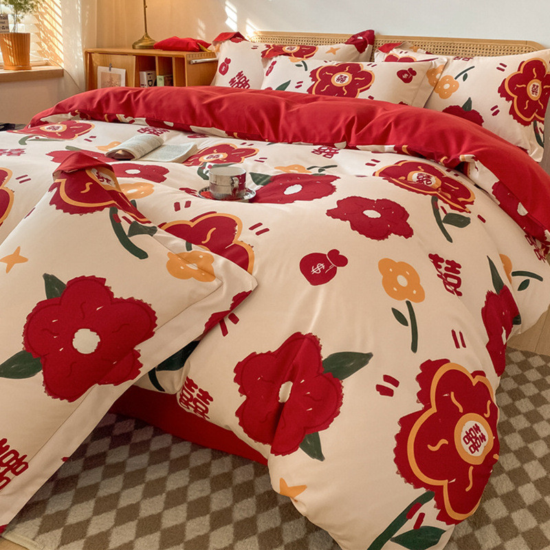 轻奢喜庆结婚床上用品四件套红色高级感被套床单新婚喜被厂家批发