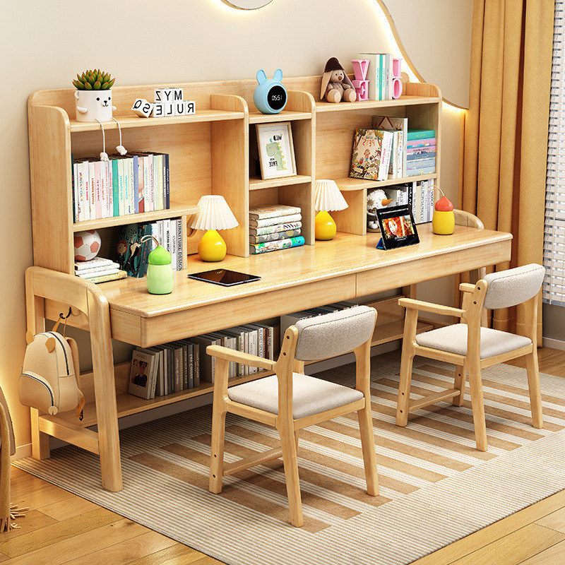 实木双人书桌书架一体儿童学习桌多人组合长家用小学生写字桌