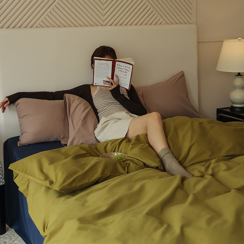 高端简约拼三ins风纯色全棉100支火山磨毛四件套秋冬保暖床品