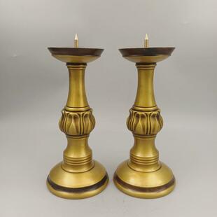 古玩铜器收藏铜摆件荷家居装饰光面铜蜡台一对苞桌面创意礼品