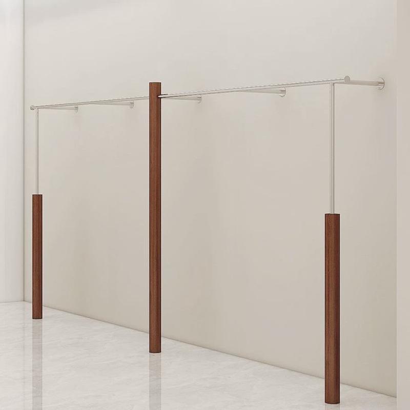 买手店实木胡桃色服装店展示架落地式靠墙挂衣架不锈钢上墙展示架