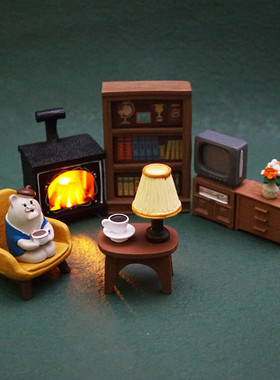 日式zakka猫微缩场景娃娃屋家具沙发氛围感发光壁炉壁灯摆件车载