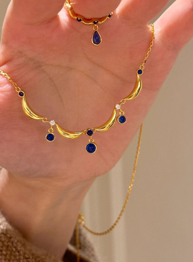 复古花边蓝色水滴项链女款秋冬百搭高级感毛衣链小众设计感锁骨链