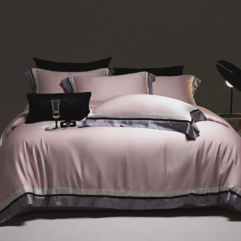 春夏季简约纯色60S双面莱赛尔四件套凉感撞色拼接高级感被套床品