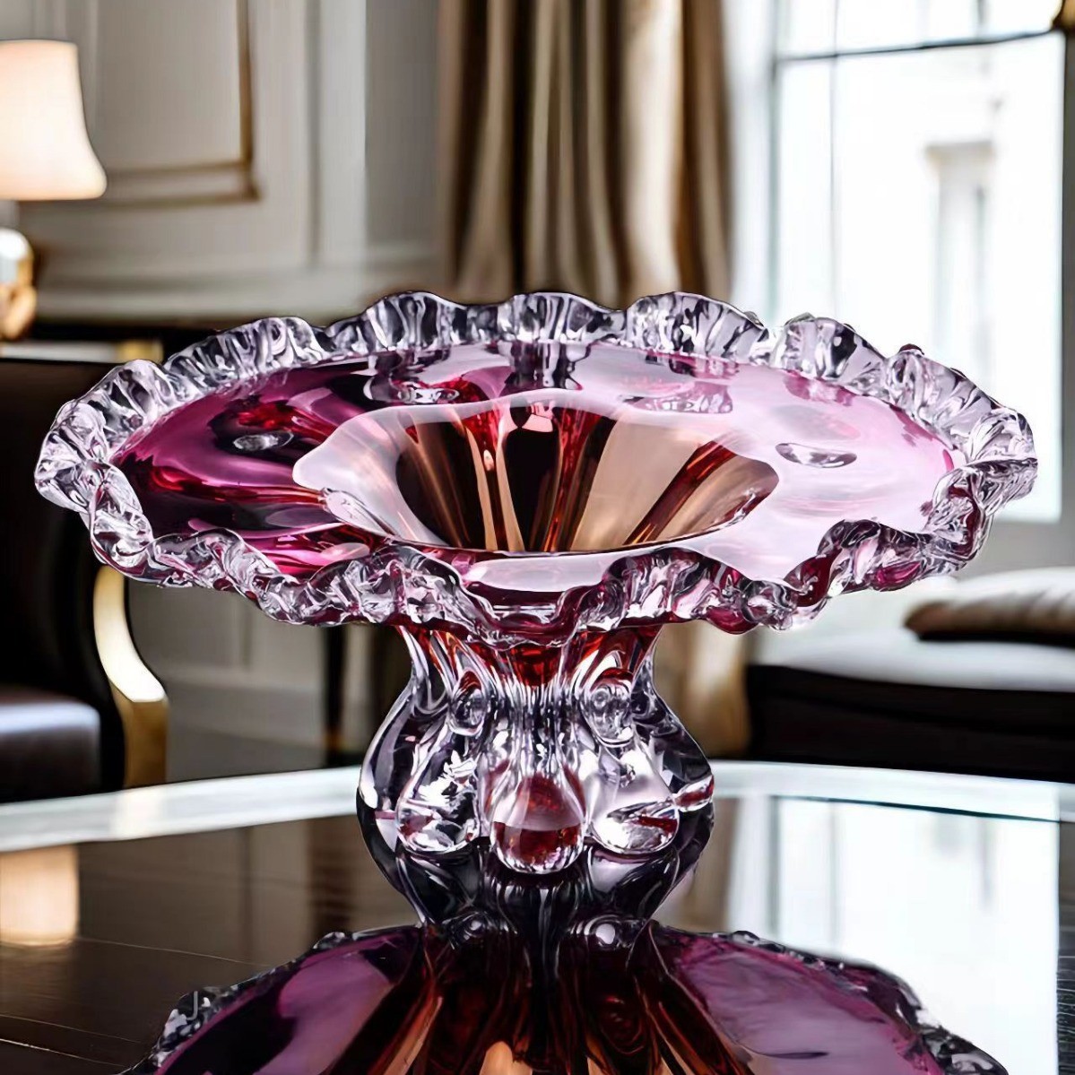 热销家居高档琉璃创意轻奢果盘现代大号水晶玻璃高端高脚水果盘样