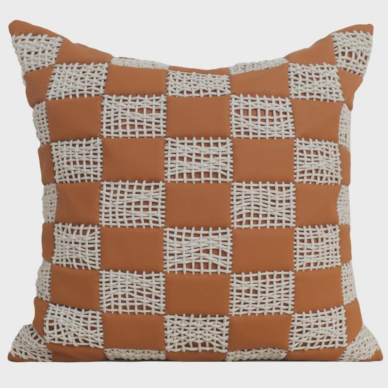 抱枕沙发客厅轻奢抱枕橙色皮抽象编织高级感方枕民宿酒店软装装饰