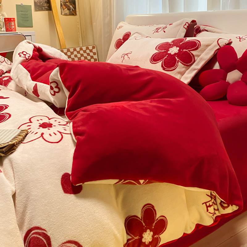 婚庆绒牛奶四件套加厚保暖结婚陪嫁喜被床上用品秋冬季新婚新款