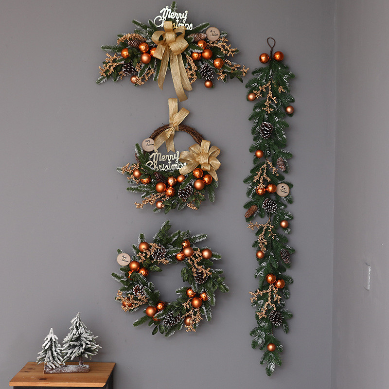 圣诞节装饰品圣诞树花环藤条牛角香槟金墙挂门场景布置酒店商场挂