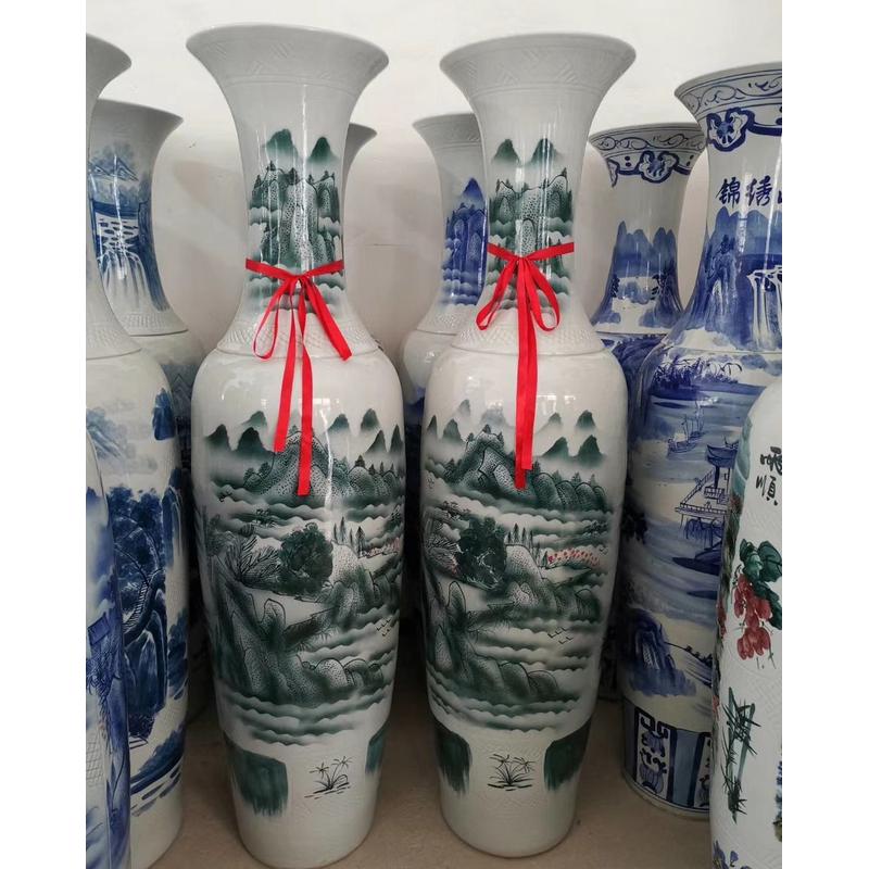 陶瓷釉落地大花瓶手绘装饰摆件下彩青花山水陶瓷大摆件开业礼品瓷