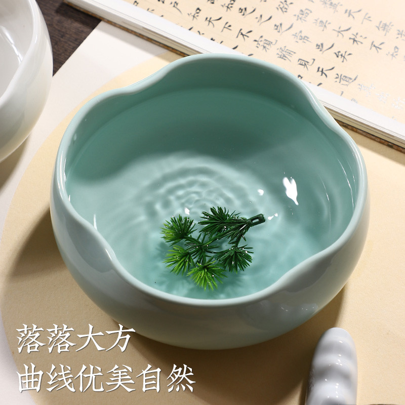 海棠笔洗书法陶瓷汝窑多功能洗笔器文房四宝创意摆件水盂青瓷笔洗