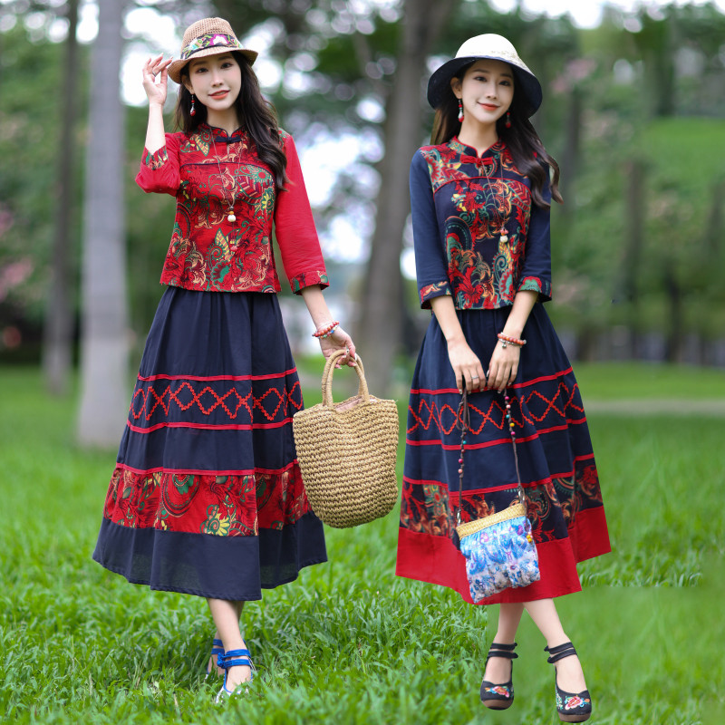 民族风茶服春夏装中国风改良七分袖两件套女