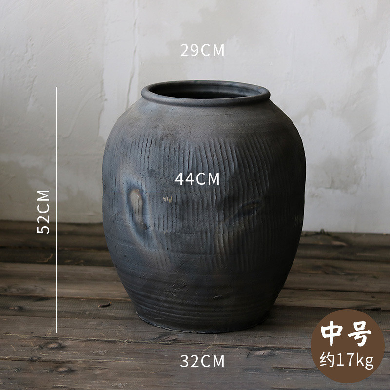 复古灰色陶罐侘寂风造景装饰花园大花瓶缸粗陶土陶落地圆形大肚翁