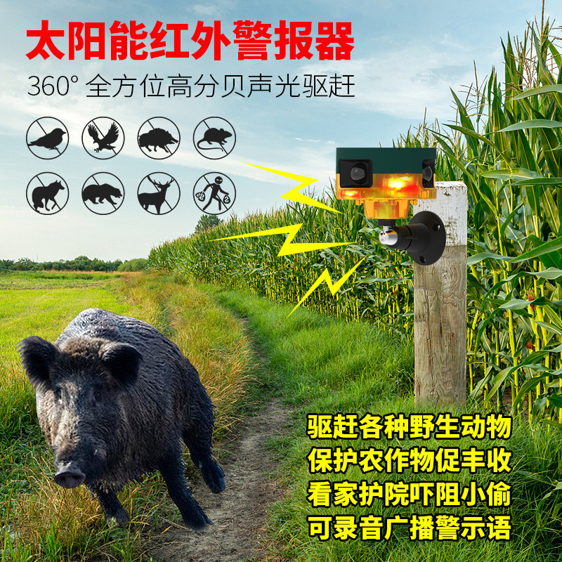 太阳能报警器插地360度红外感应警示灯声光驱兽器录语音广播喇叭