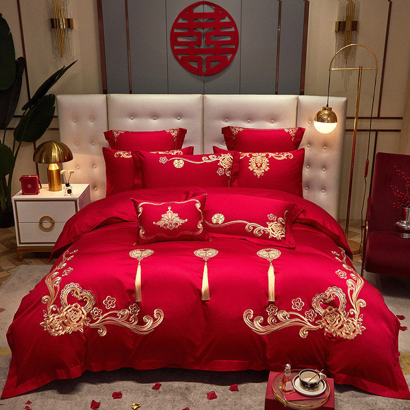 新品100支全棉长绒棉婚庆被刺绣床垫四件套六件套件床上用品