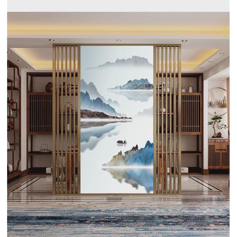 y禊316d墙布山水玄关壁纸竖版走廊过道壁画进门意境新中式8d生财