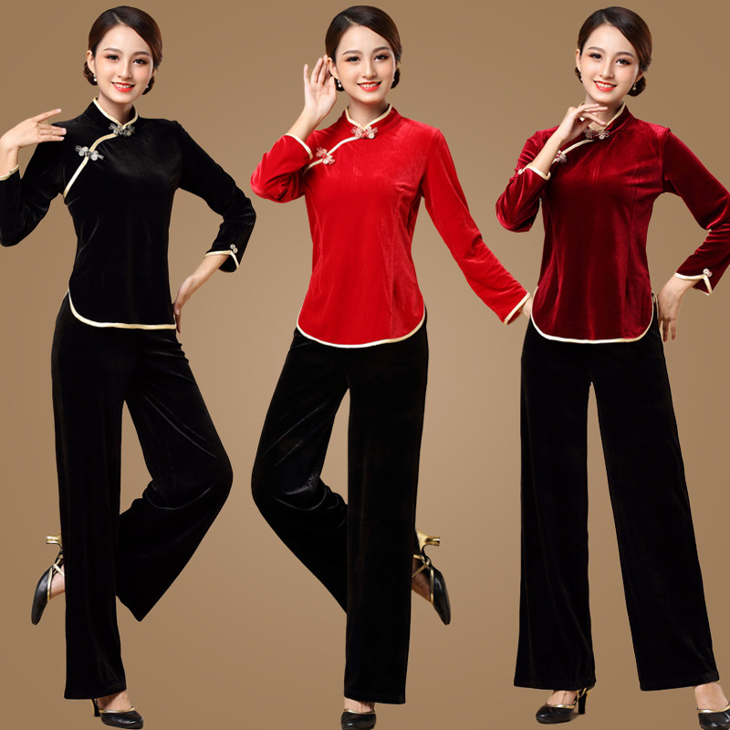 秋冬新款中老年金丝绒广场舞服装套装古典舞蹈演出服女表演跳舞衣