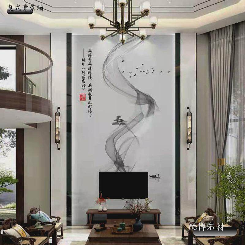 欧式别墅岩板瓷砖客厅微晶石罗马柱大理石瓷砖石材边框造型复式楼