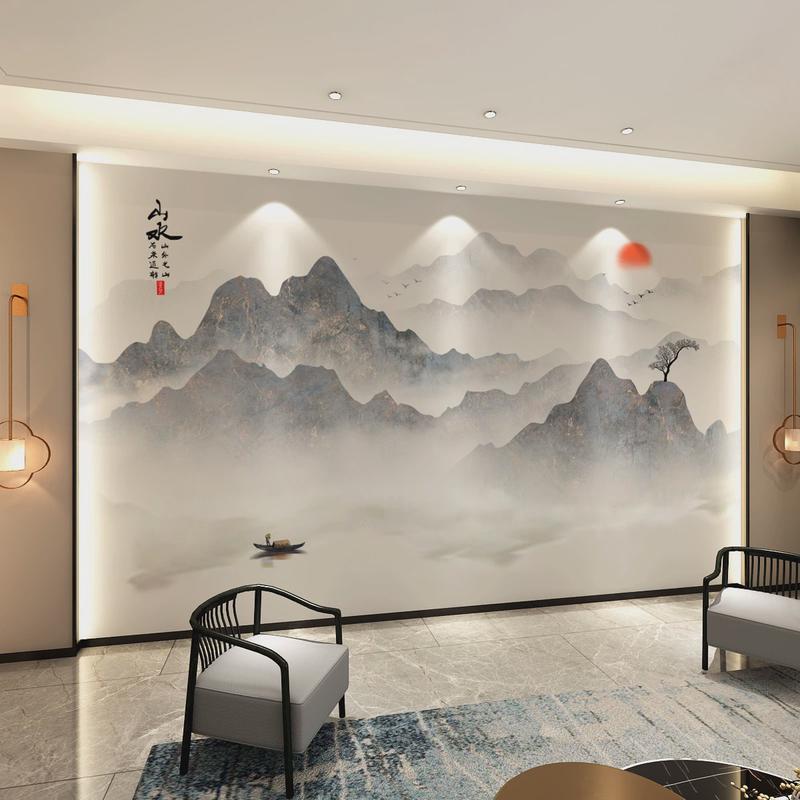 新中式沙发立体3d贴画自粘意境水墨画电视背景墙山水墙布书房装饰