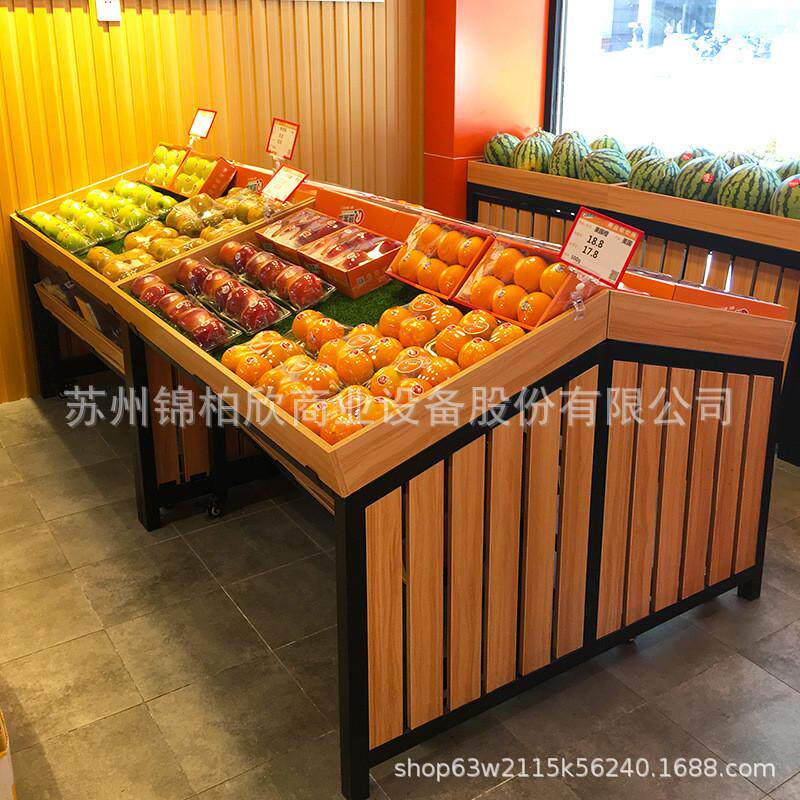 厂家供应超市货架钢木水果架托盘灯光货架双面果蔬陈列架