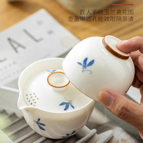 热销羊脂玉手绘兰花快客杯旅行套装简约白瓷便携一壶二杯户外茶具