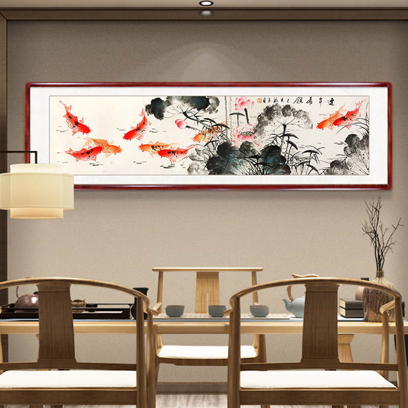 年年有鱼国画纯手绘真迹花鸟中式客厅卧室床头挂画装饰字画九鱼图图片