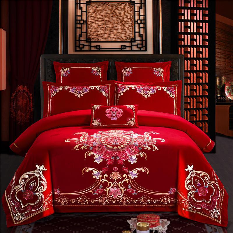 欧式贡缎婚庆四件套大红色1.8m结婚床上用品新婚礼六件套刺绣床品