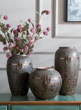 热销复古做旧陶罐花瓶陶瓷落地大号庭院水培多肉客厅装饰种植铜环