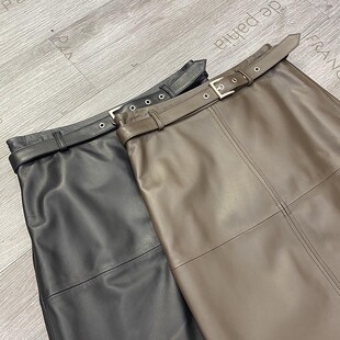 2023秋冬新款 真皮绵羊皮半身裙包臀裙后开叉腰带气质中长皮裙女潮